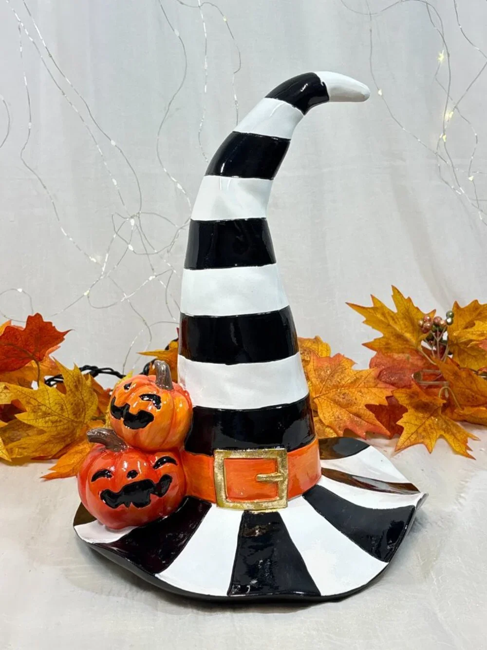 Black & White Striped Witch Hat Halloween Décor McKenzie Inspired Tabletop New